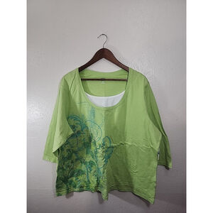 SJB Active Plus Size 3/4 Sleeve Bright Green Graphic Foil Print Top Size 3X NWT